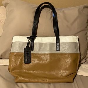 Fossil leather tote bag, neutral multi colored